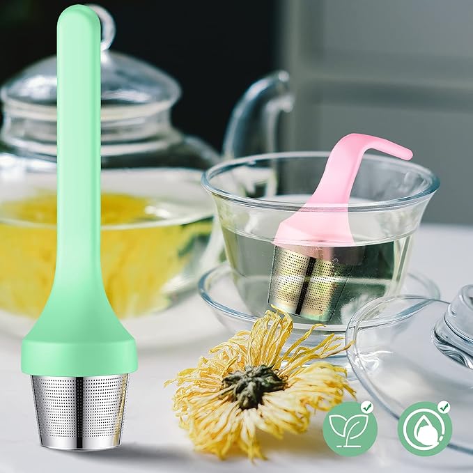 2pcs Tea Infuser,Extra Fine Mesh Tea Cup Filter Silicone Handle Perfect Tea Steeper for Loose Leaf Tea or Herbal Tea for Mugs & Teapot, Easy Clean and Safe (Green and Red)