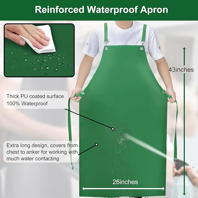 SHEOMERN Waterproof Rubber Apron, 43" Anti-Tear Heavy Duty Vinyl Adjustable Thicker Cross Back Dishwasher Apron for Restaurant Dishwashing, Butcher, Lab Work, Dog Grooming Green
