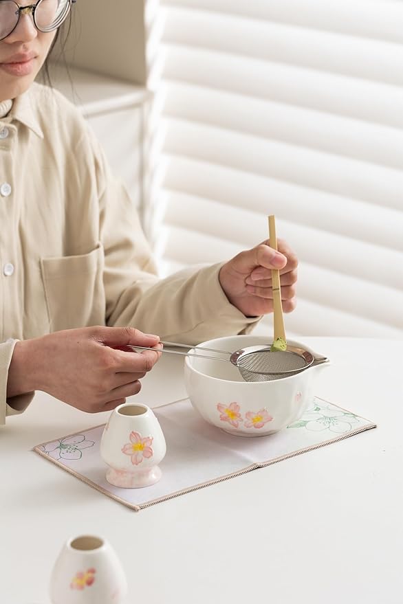 Matcha Tea Set with Sakura Ceramic Bowl, Fine Mesh Strainer and Bamboo Scoop, Japanese Style Matcha Accessories for Home Tea Ceremony.