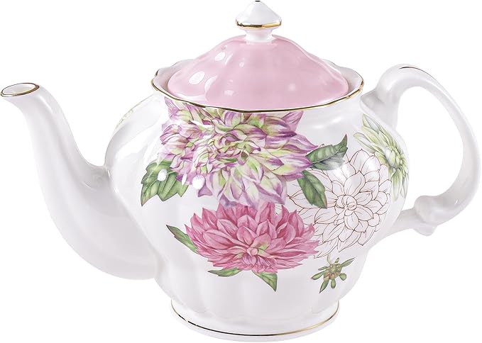 Bone China Teapot, English Teaset, Dahlia Floral Design with Golden Rim, 37 Oz