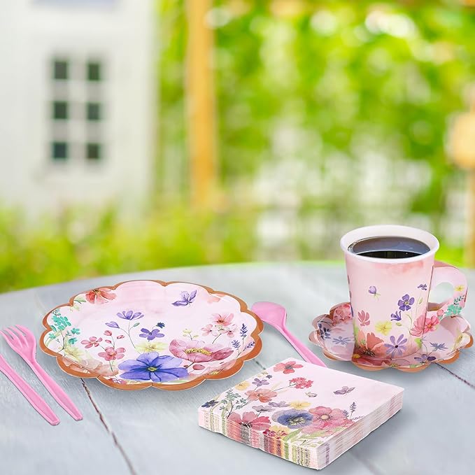 176 Pcs Tea Party Supplies Include Floral Paper Tea Cups and Saucers Disposable Blossom Theme Paper Plates and Napkins Flower Banners for Baby Shower Birthday Bridal Wedding Spring Party