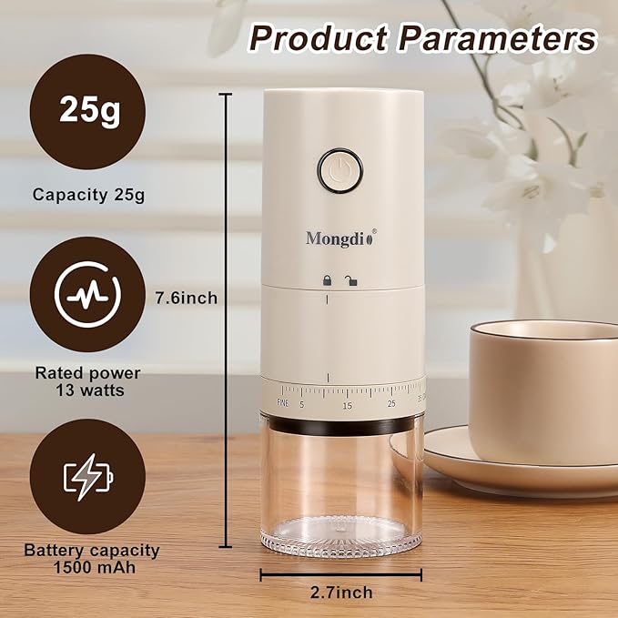 Mongdio Portable Electric Coffee Bean Grinder with 38 Adjustable Settings, Rechargeable Coffee Grinders for Home Use, Coffee Grinder for Travel - White