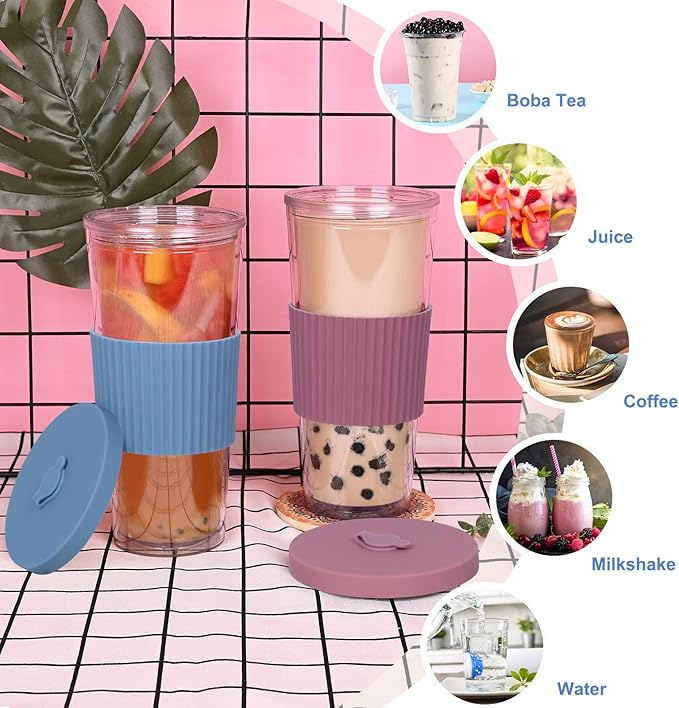 2 Pack Reusable Boba Tea Cups, 24oz Iced Coffee Cup with Straw and Lid, Leakproof Clear Plastic Cups Tumbler, Double Wall Insulated Smoothie Tumbler, Wide Straw for Bubble Tea, Pink and Blue