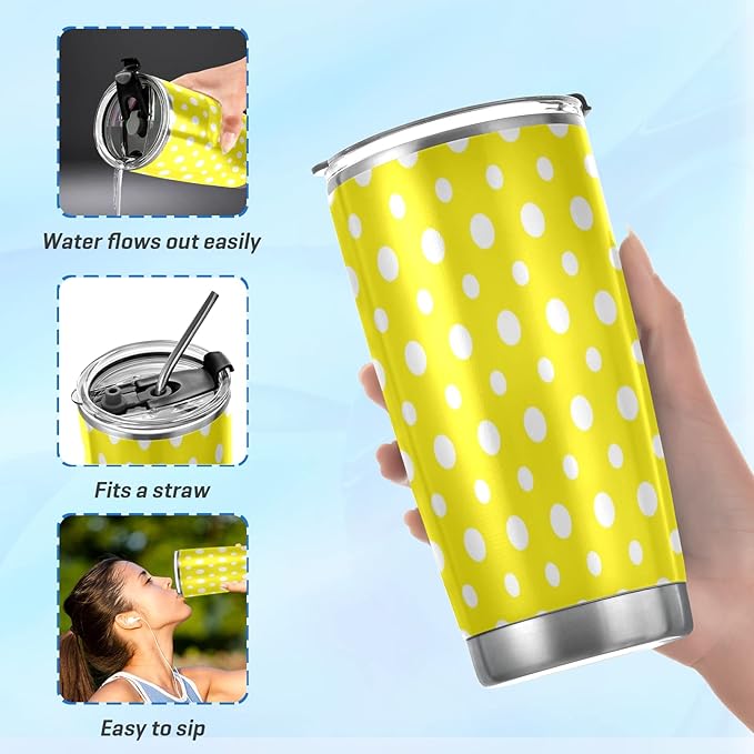 Tumbler Yellow Polka Dot Insulated Coffee Cup Beverage Container Travel Mug with Straw and Lid Double Wall Stainless Steel 20oz BPA-Free for Sport, Back to School