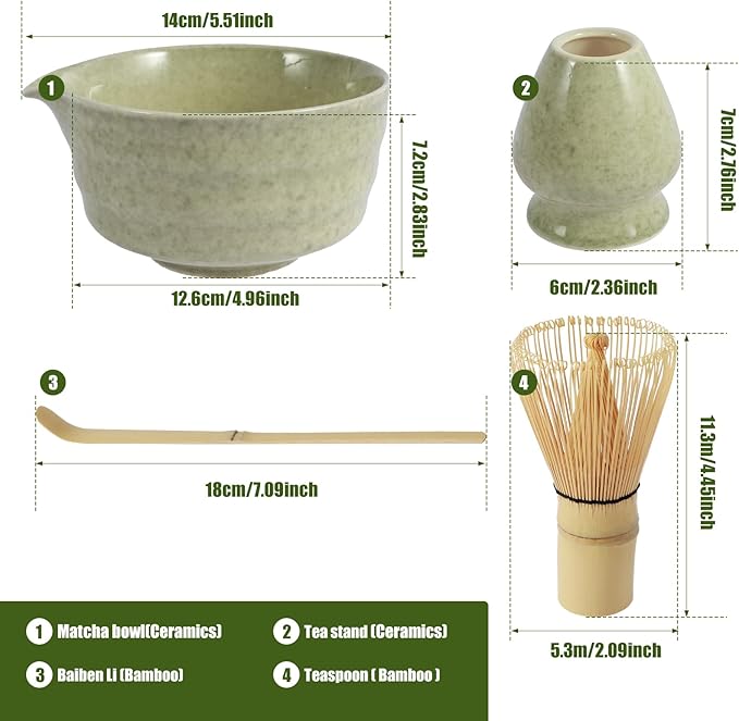 4PCS Matcha Whisk Set,Elegant Matcha Tea Set,Exquisite Matcha Kit with Ceramic Matcha Bowl,Matcha Whisk Holder,Bamboo Matcha Whisk and Bamboo Scoop Bamboo Tea Steeper Matcha Tools (Matcha Green)