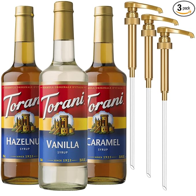 Torani Coffee Syrup, Vanilla, Caramel, and Hazelnut Variety 3-Pack, Flavoring for Drinks, Pumps Included, 25.4 Fl Oz Ea