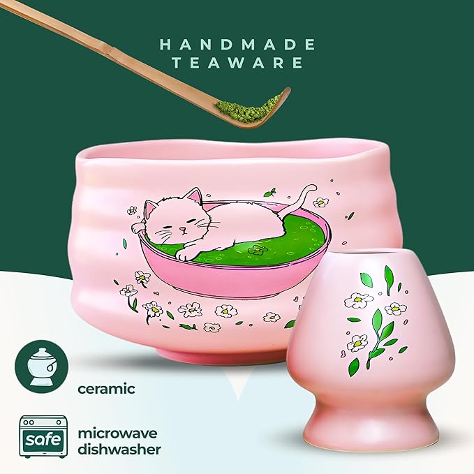 Matcha Gift Set 6 Pcs – Ceramic Bowl, Bamboo Whisk, Whisk Holder, Scoop, Sifter & Cloth – Traditional Japanese Set for Green Tea by Aprika Matcha (Pink with Cats)