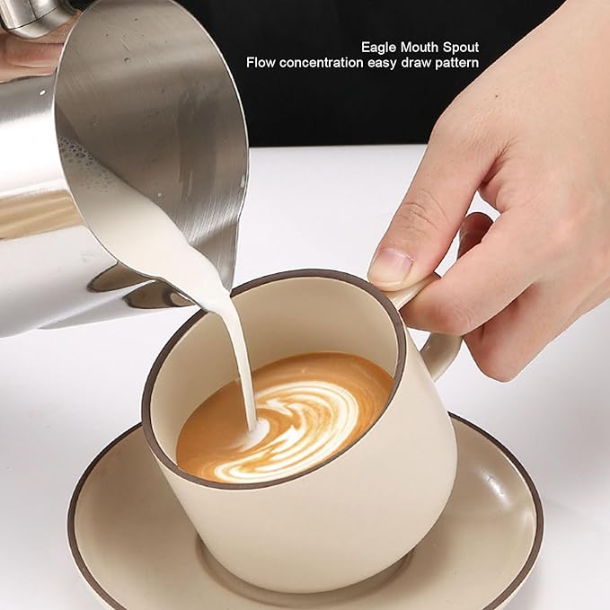 Milk Frothing Pitcher, 20/34oz Stainless Steel Steaming Pitchers Scale Coffee Milk Frother Cup Espresso Machine Accessories Barista Tools for Cappuccino Latte Art (34oz-Silver)