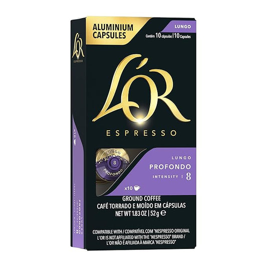 L'OR Espresso Capsules, 10 Count Profondo Lungo, Single-Serve Aluminum Coffee Capsules Compatible with the L'OR BARISTA System & *Nespresso Original Machines, 10 Count (Pack of 1)
