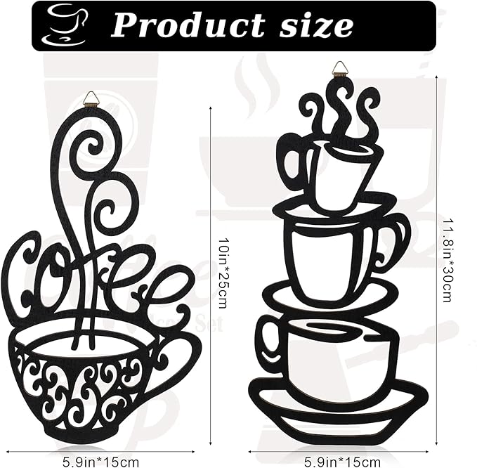 Jetec 2 Pieces Coffee Wall Decor Black Cup Silhouette Kitchen Wall Art Decor Coffee Bar Accessories
