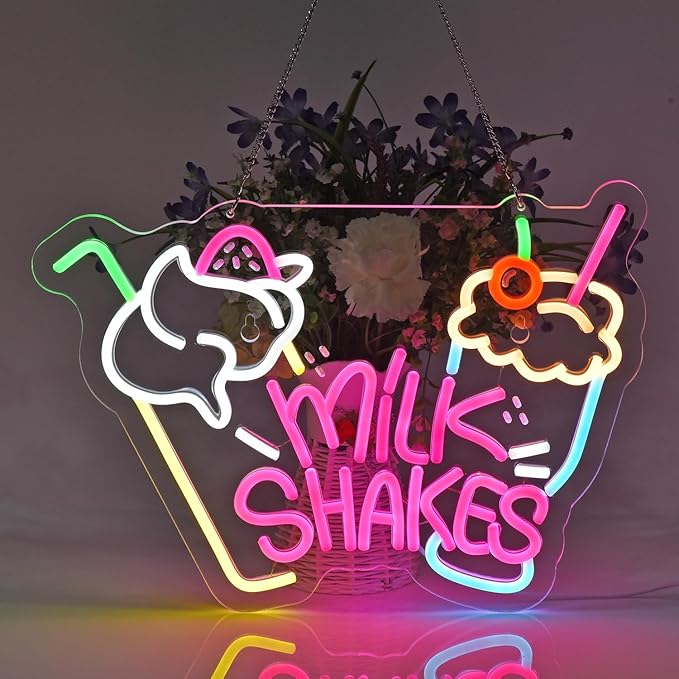 Milk Shakes Neon Sign, Milkshake LED Light, Ice Cream Shop Frozen Yogurt Bar Bubble Tea Store Neon Light for Bar Coffee Shop Decor