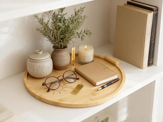 Bamboo Tray with Handle, Round Wooden Serving Tray for Bed Breakfast, Charcuterie Platters, Footstools, Coffee Tables, Outdoor Gatherings, Gifting and Home Decor Storage Tray (11.8 inch)