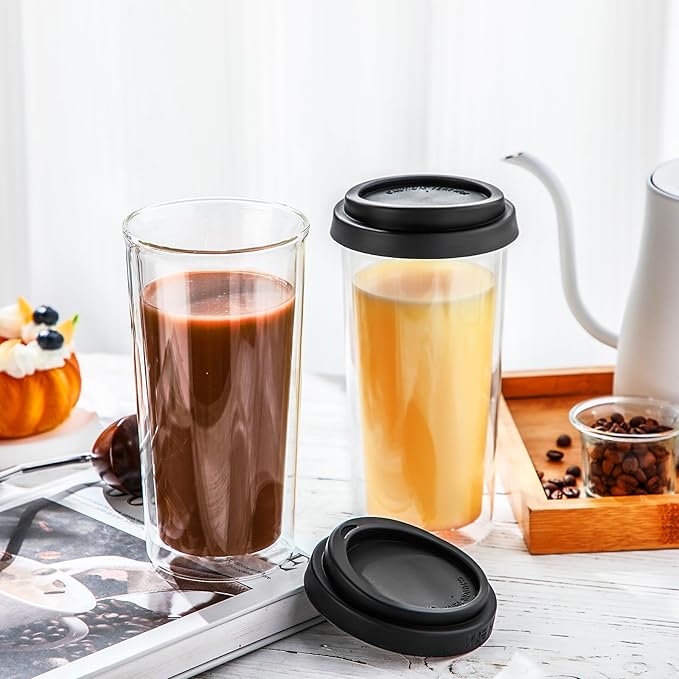 Honeydak 2 Pack 16 oz Double Walled Glass Coffee Mugs with Silicone Lids Clear Insulated Glass Travel Cups Reusable Hot and Iced Coffee Tumblers for Travel Home Office