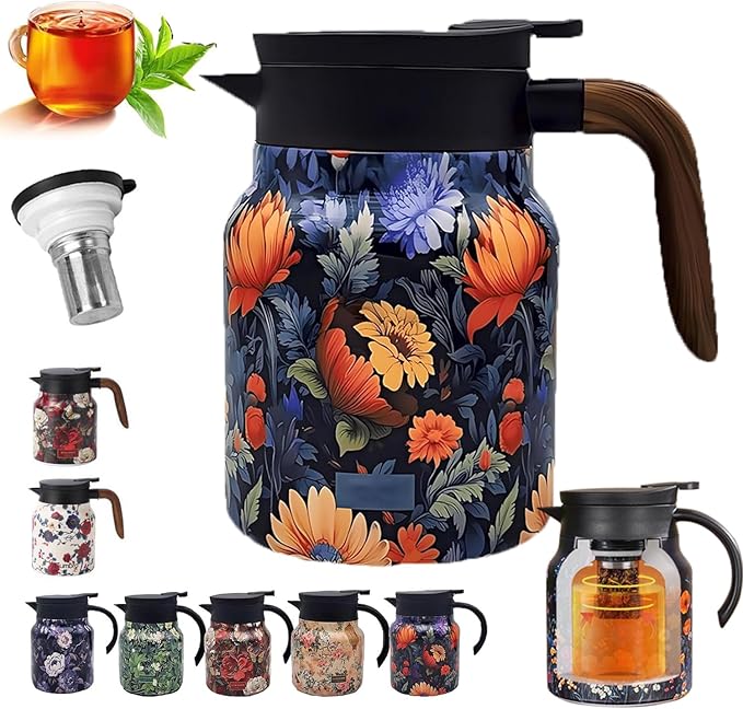 Insulated Tea Pots,Vintage Floral Pattern Tea Pot-Built-in Infuser, Colorful Vintage Floral Pattern Teas,Stainless Steel Teapot 1000mL with Lid for Hot Drinks,Purple(Wooden Handle,35OZ)