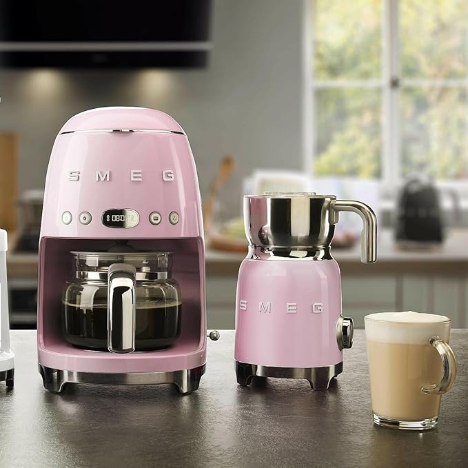 SMEG Retro 50's Style Milk Frother with 2 Disks 6 Preset Programs Hot or Cold Frothing and Induction Heating (Pink)