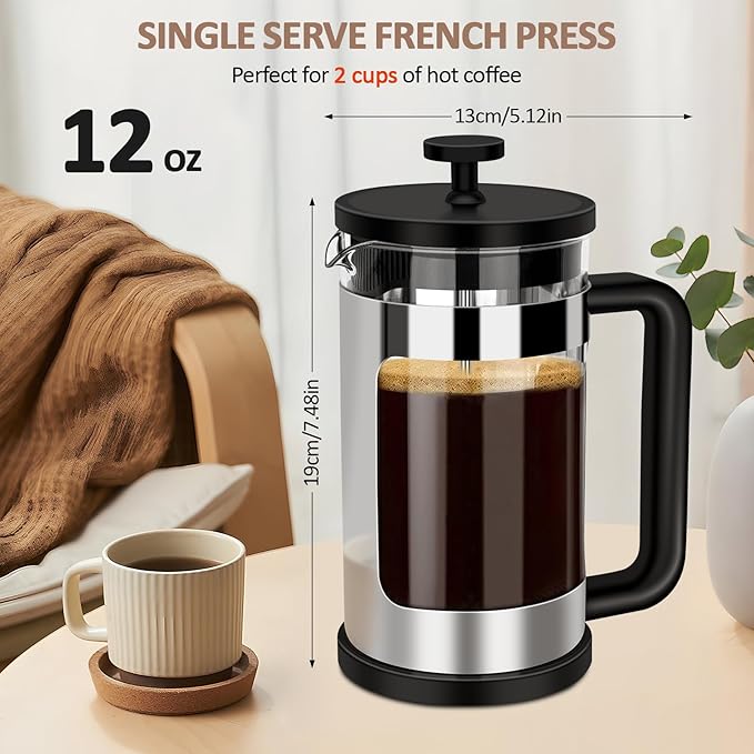 French Press Coffee Maker 12 Oz, Mini Coffee Press 1 Cup, Single Serve French Press, With 3 Filterations, Heat Resistant Thickness Borosilicate Glass, Coffee Brewer Tea Press