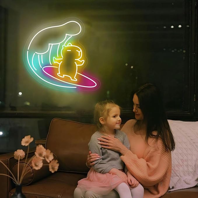 Capybara Surfing Neon Sign for wall decor Capybara Led Neon Sign Cute Animal with Surfing Neon Light for Children's Room Party Decor Birthday Gifts (14.2in*13.6in) - Image 4