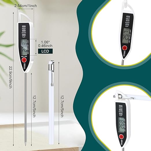 3 Set Waterproof Food Thermometer for Water, Liquid, Candle and Cooking Digital Meat Thermometer with Long Probe Instant Read for Kitchen BBQ Grill Candy (White)