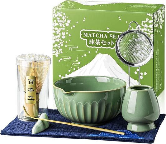 Matcha Whisk Set, Matcha Kit Includes Ceramic Matcha Bowl, 7 Pcs Matcha Tea Green- Whisk and Holder, Bamboo Scoop, Scoop Rest, Sifter and Tea Towel