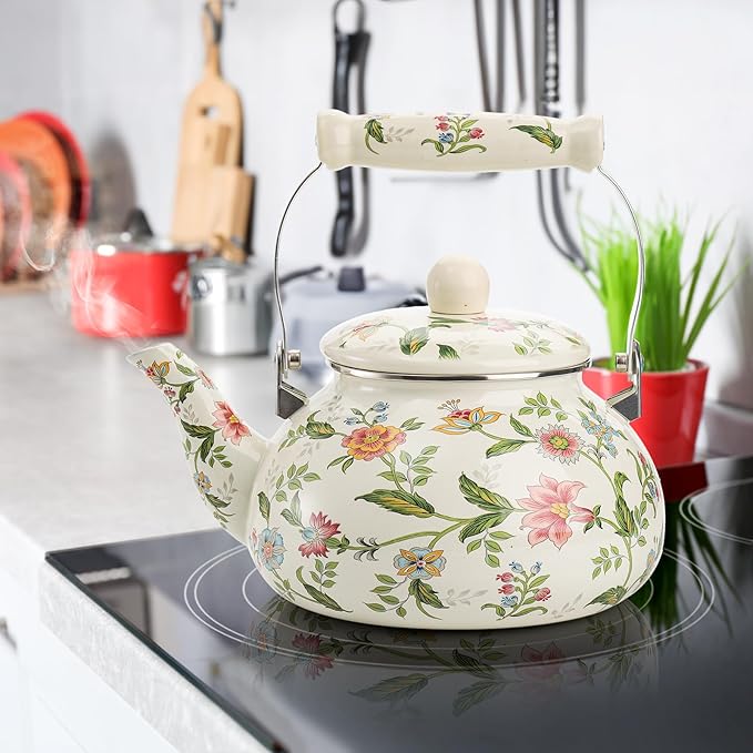 Jucoan 2.6 Quart Vintage Enamel Tea Kettle, Green Floral Enamel on Steel Teapot with Cool Touch Porcelain Handle for Stovetop Home Kitchen Decor, Gift for Housewarming Christmas New Year
