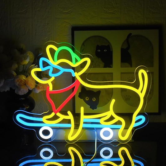 Dachshund Neon Sign Skateboard Dog Neon Sign with Cowboy Hat Animal Light Up Sign Dimmable Glasses Dog LED Neon Light for Pet Shop Bedroom Wall Home Party Decor, Dog Lover
