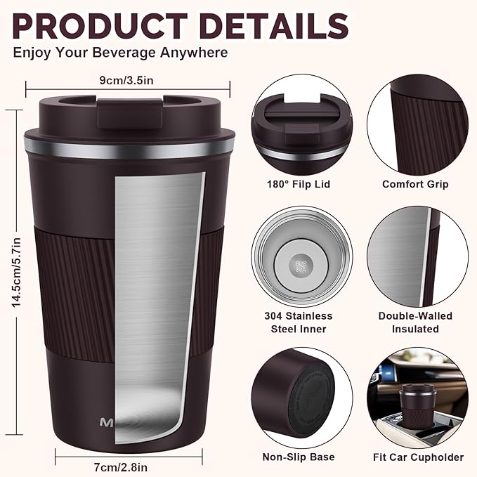 MOMSIV 12oz Travel Mug, Insulated Coffee Cup with Leakproof Lid, Vacuum Stainless Steel Double Walled Reusable Tumbler for Hot and Cold Water Coffee and Tea In Travel and Car (Brown)