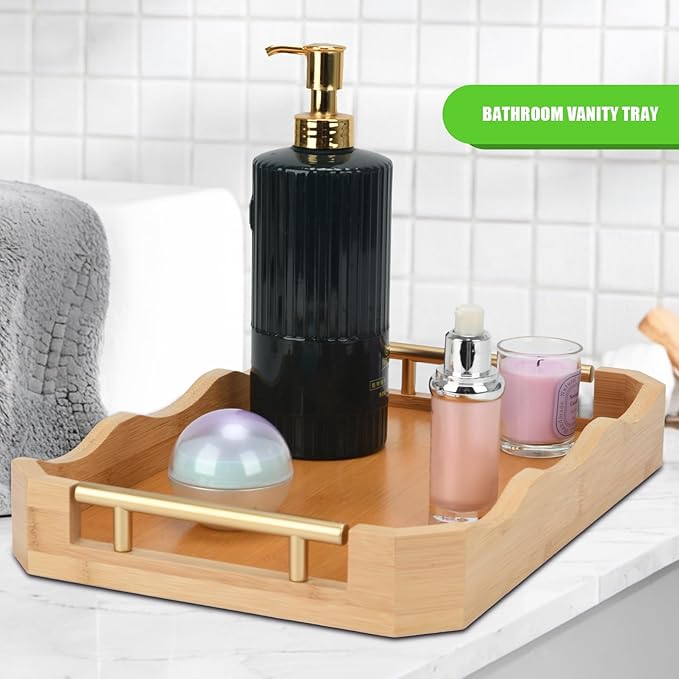 2 Pack Bamboo Trays with Handles - Decorative Stackable Ottoman & Serving Trays for Coffee Table, Breakfast in Bed, Couch Snacking, Home Decor (Varnished)