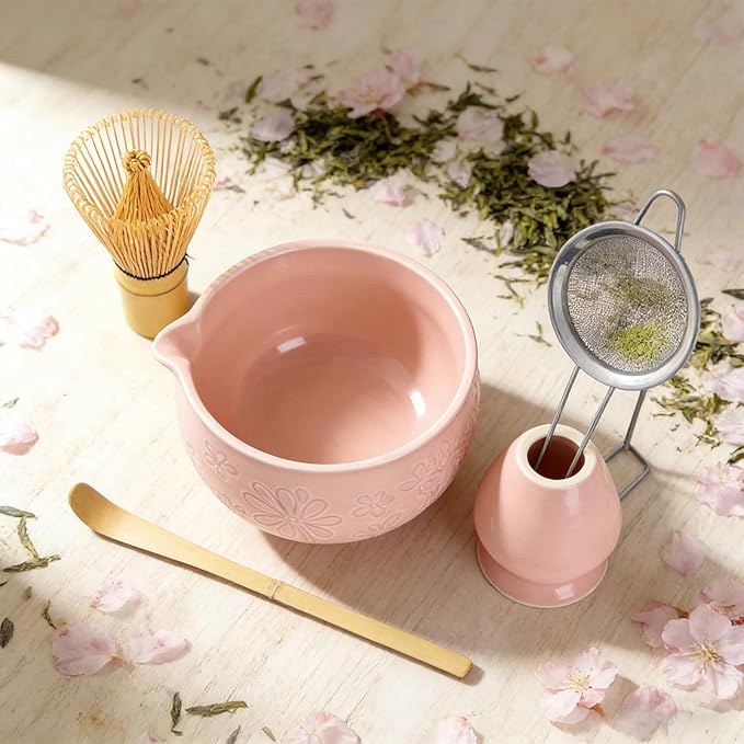 Matcha Whisk Set, Pink Ceramic Matcha Making Kit with Traditional Bamboo Whisk, Matcha Bowl, Scoop, Sifter and Stand, Authentic Japanese Style Matcha Set for Perfect Homemade Matcha Tea