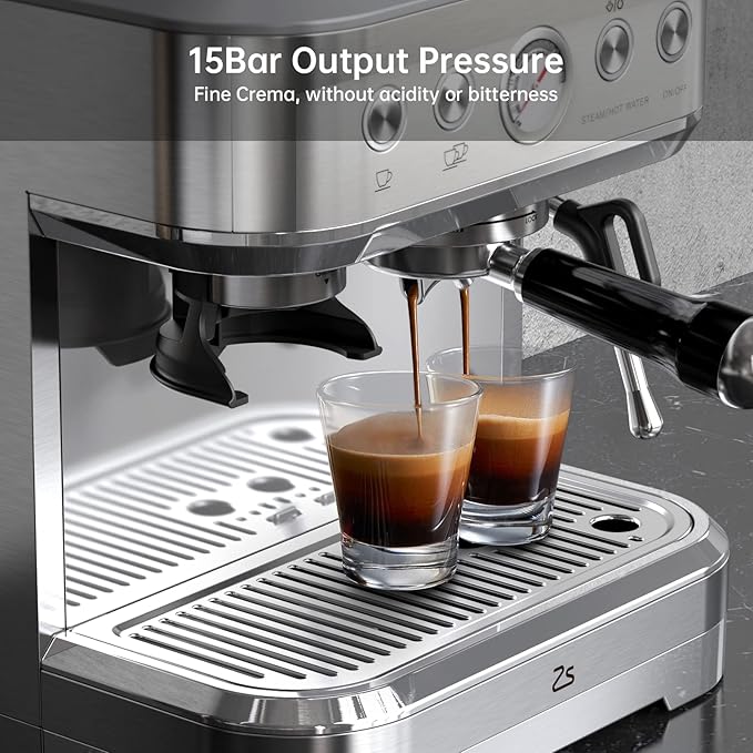 Espresso Machine 15 Bar, LCD Display Espresso Maker with Grinder, Milk Frother and PID Temperature Control, Professional Coffee Maker for Latte Cappuccino - 8.8 Oz Bean Hopper