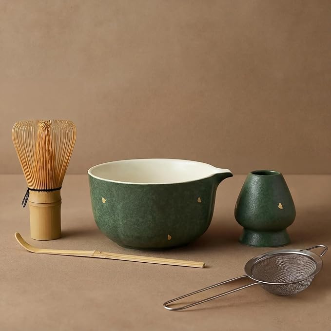 Matcha Whisk Set, Matcha Tea Set with Pumpkin Design, Includes Matcha Bowl & Holder, Bamboo Whisk (Chasen), Scoop and Sifter, 5PCS Matcha Kit Covers Everything Needed for Matcha Lovers, Green