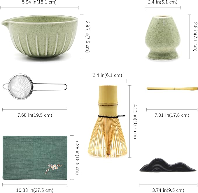 Matcha Whisk Set 7 Pcs - Ceramic Matcha Set with Bowl, Whisk, Holder, Bamboo Scoop, Rest, Sifter, and Tea Towel – Elegant Matcha Kit Gift for Women