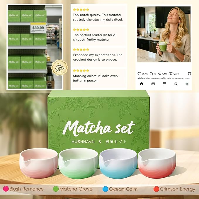 Matcha Whisk Set, Ceramic Matcha Set Includes Bowl & Holder, Bamboo Whisk (Chasen), Scoop, Spoon and Sifter, 6PCS Matcha Kit Covers Everything Needed for Making Matcha (Pink)
