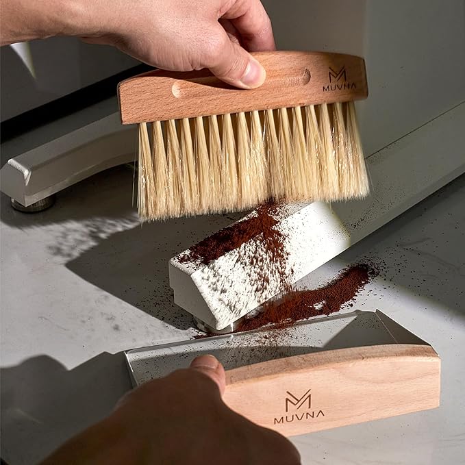 Small Coffee Brush and Dustpan Set - Magnetic Hand Solid Wood Soft Bristles, Barista Cleaning Tool for Espresso Machine, Coffee Grinder, Home Kitchen Countertop, Silver