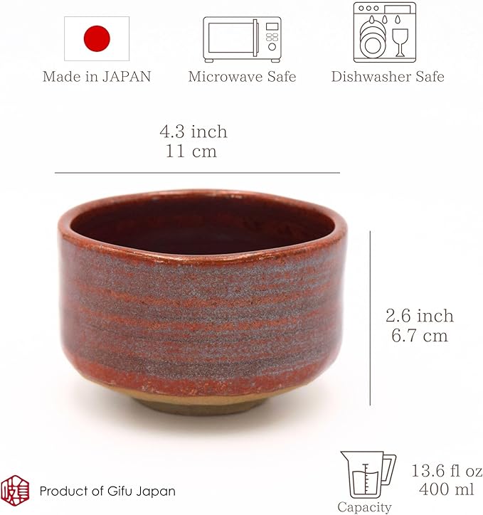 Product of Gifu Japan Ceramic Matcha Bowl, Handmade Chawan Japanese Green Tea Cup, Matcha Mixing Bowl, 400ml 13.6 oz, Brush Stroke Pattern, Red