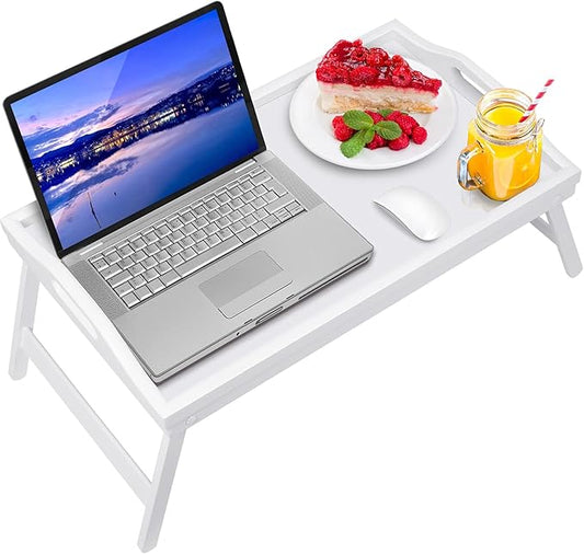 Bed Tray Table Bamboo Breakfast Food Tray with Folding Legs Kitchen Platters Serving Plate for Bed TV Table Desk Laptop Computer（White Large）