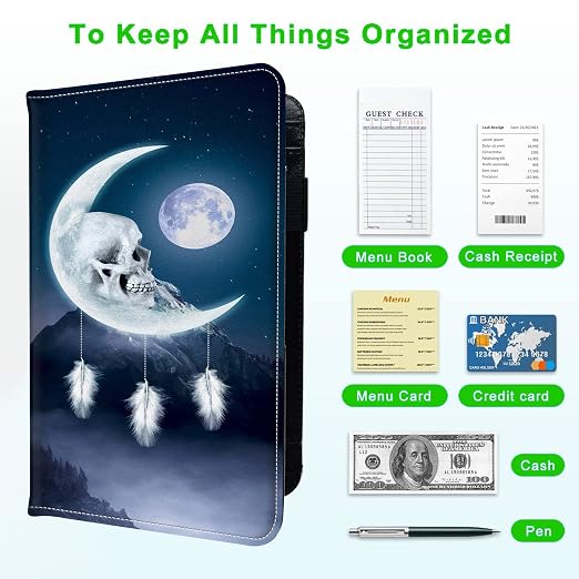 Server Books for Waitress, with 7 Large Pockets, Waiter Serving Book, Waitstaff Server Order Pads, Cute PU Leather Server Book with Pen Holder Fit Server Apron, Moon Skeleton - Image 5