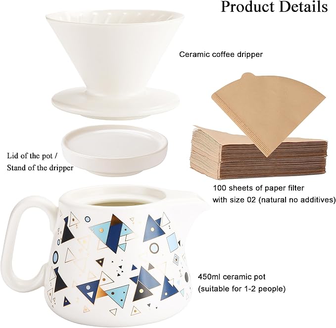 Pour Over Coffee Maker, Ceramic Coffee dripper with 100 pcs Paper Filter, Ceramic coffee Server with Lid, 15.5oz/450 ml, Suitable for 1-2 people (White A)