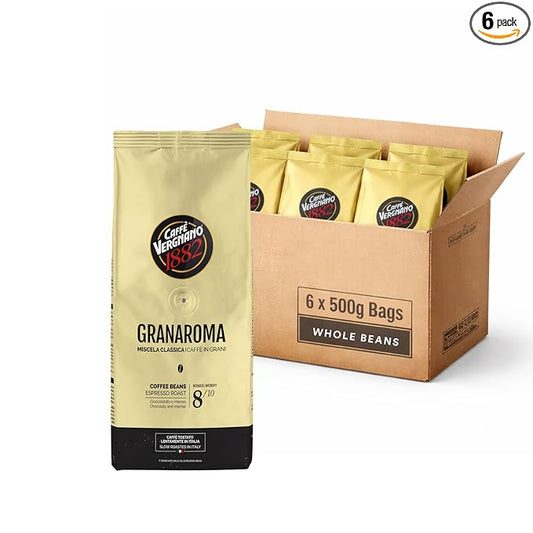 Caffe Vergnano 1882 Gran Aroma Whole Bean Arabica Medium Espresso Roast Coffee, 1.1lbs Bag - Italian Coffee Beans with Rich notes of Cocoa, Spices & Dried Fruit, Intensity 8/10-500g Bag (6 Pack)