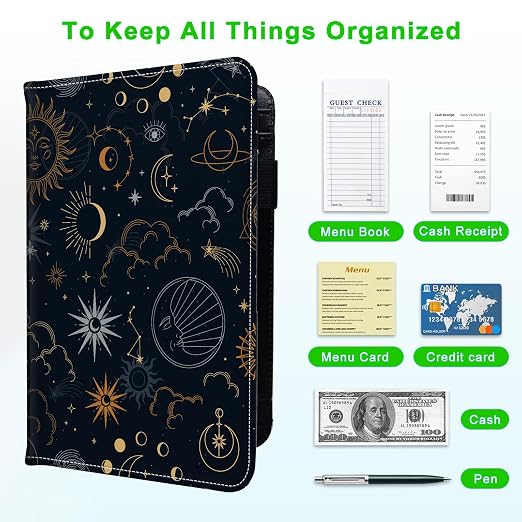 Server Books for Waitress, with 7 Large Pockets, Waiter Serving Book, Waitstaff Server Order Pads, Cute PU Leather Server Book with Pen Holder Fit Server Apron, Sun and Moon - Image 5