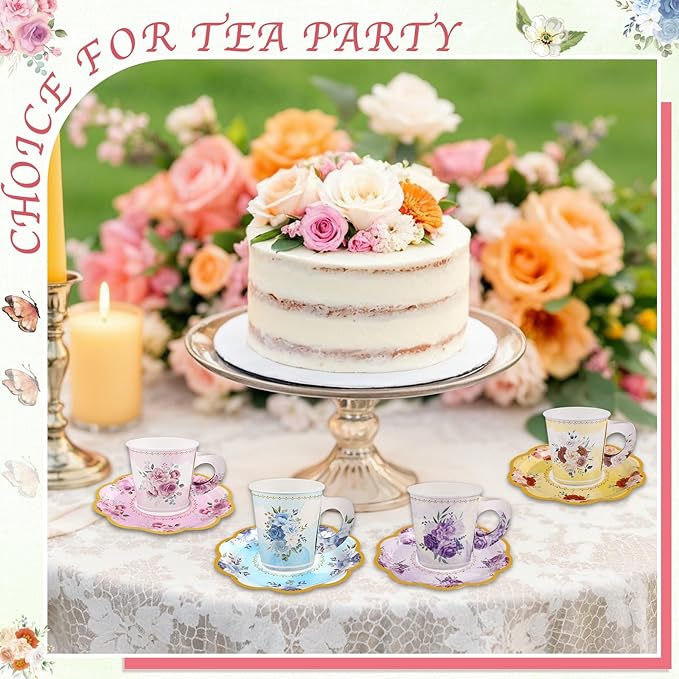 24 Sets Disposable Paper Tea Cups 7 OZ Floral Tea Party Cups with Handle and Plates Teacups and Saucer Sets for Mother's Day Baby Bridal Shower Birthday(Watercolor Style)