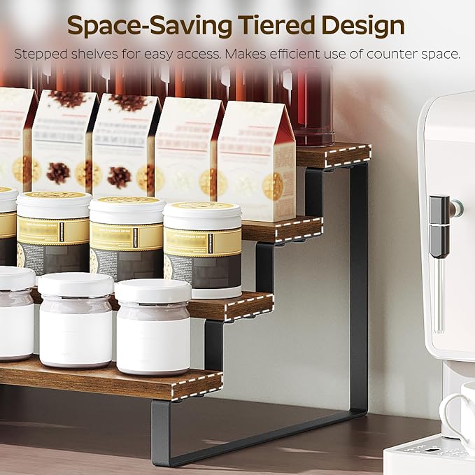 YATINEY Spice Rack, 4 Tier Wooden Display Riser Stand, Kitchen Storage Organizer for Spices, Versatile Display Shelf, Space Saving, for Kitchen Countertop and Cabinet, Rustic Brown SR04L2BR - Image 3