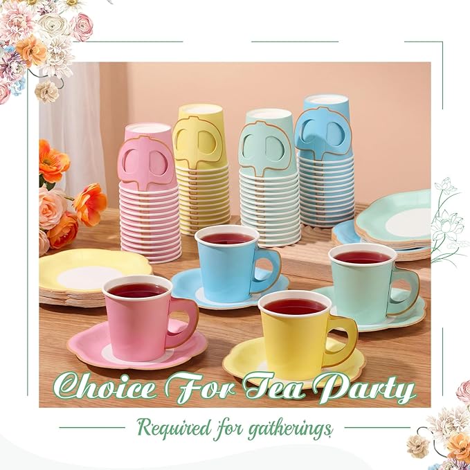 Umigy 60 Sets Pastel Tea Party Decorations Pastel Paper Tea Cups with Handle and Plates Disposable Teacups Saucers Sets with Tape for Hot Cold Drink Birthday (Blue Pink, 6.5 Oz)