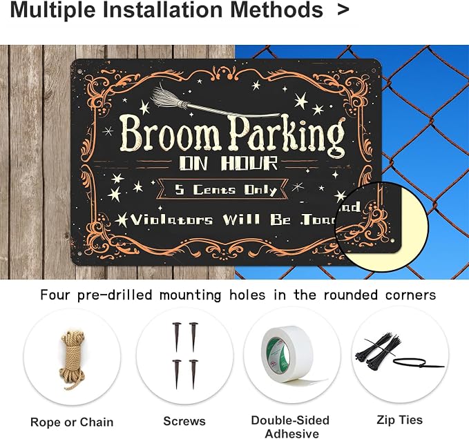 Broom Parking Only Violators Will Be Toad Tin Sign Vintage Halloween Metal Signs for Home Cafe Bar Porch Yard Front Door Indoor Outdoor Decor Sign Pre-Drilled Holes for Easy Installation 8x12 inch - Image 3