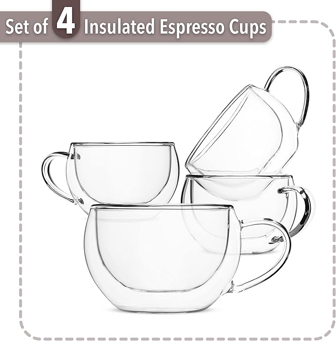 BTaT- Double Walled Espresso Cups, 6 oz, Set of 4, Clear Coffee Mugs, Double Wall Insulated Espresso Cups, Small Coffee Mugs for Tea, Lattes, Macchiatos, Hot & Cold Beverages, Microwave Safe