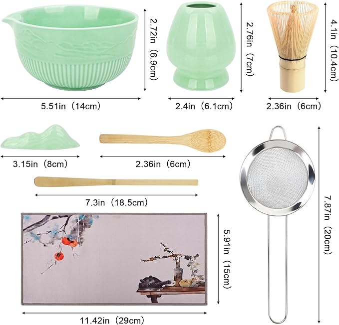 PHILORN Matcha Whisk Set, 9Pcs Ceramic Macha Kit, Matcha Set Whisk and Bowl with Spout, Whisks, Holder, Bamboo Scoop, Scoop Rest, Sifter and Tea Towel for Macha Lover (Cyan)