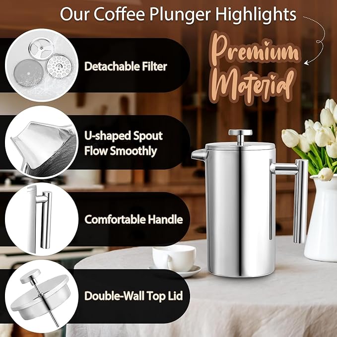 Miuly 21 oz Stainless Steel French Press 600ML Coffee Press with 3 Level Filtration System, Double Wall Insulated French Press with 2 Filters for Home or Office, Silver