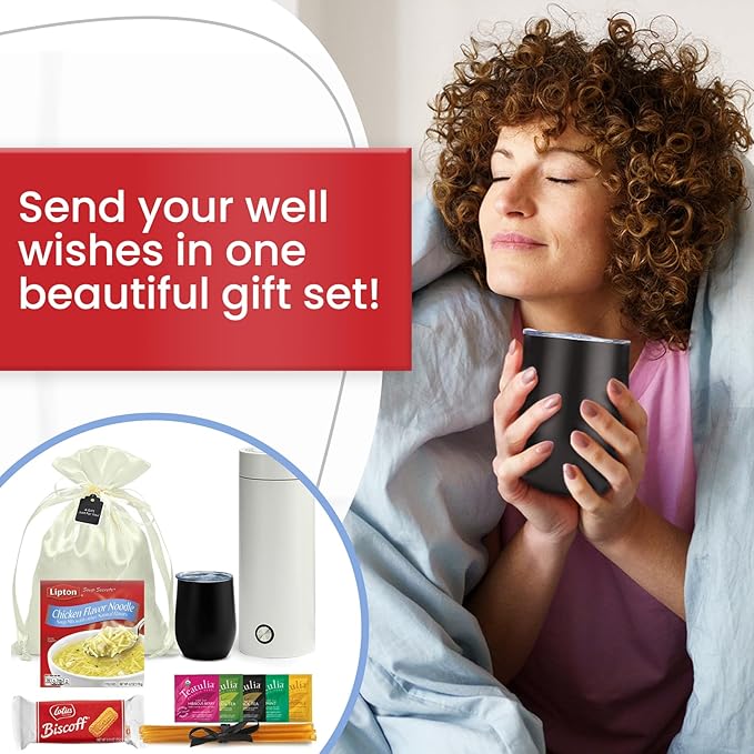 Get Well Soon Gift Basket for Men and Women: Organic Tea, Portable Kettle, Soup, Honey Sticks, Cookies & Insulated Mug Care Package | Post Surgery | Feel Better