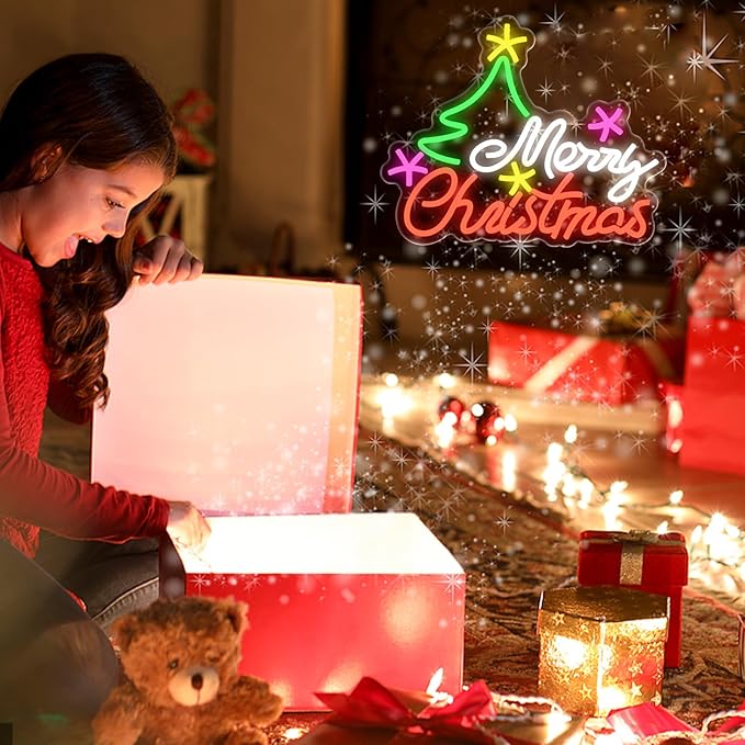 Merry Christmas Neon Sign for Wall Decor, Christmas Tree Neon Light USB Dimmable Colorful Neon Signs for for Bedroom, Home Bar, Party Decorations Teens Family Gifts