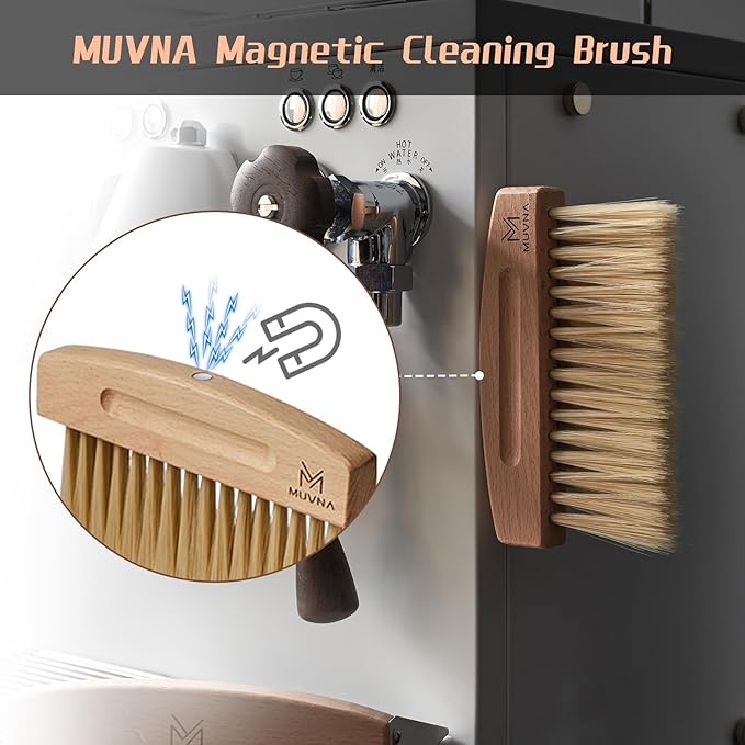 Small Coffee Brush and Dustpan Set - Magnetic Hand Solid Wood Soft Bristles, Barista Cleaning Tool for Espresso Machine, Coffee Grinder, Home Kitchen Countertop, Silver