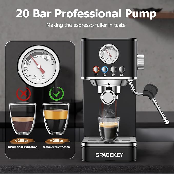 Spacekey Espresso Machine with Milk Frother, 20 Bar Professional Espresso Maker Semi-Automatic Espresso Coffee Machines for Home, Cappuccino, Latte Maker with 58oz Removable Water Tank, Black